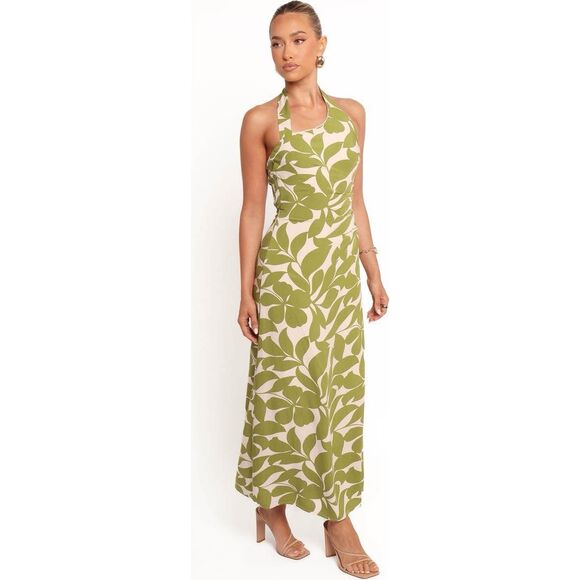 Petal & Pup Women's Green White Tropical Halter Open Back Maxi Dress Large NWOT - Picture 6 of 14